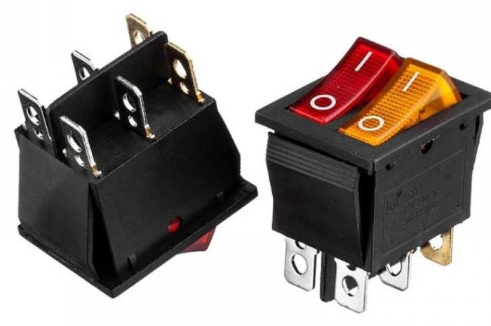Переключатель KCD2-2101N ON-OFF, (6pin) 20А красный + желтый 27.8х21.8мм Daier 1015717