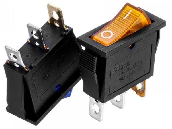 Переключатель KCD3-102/N с подсветкой, ON-OFF 15А (3pin) 250V желтый 27.8х10.5мм Daier 1015731