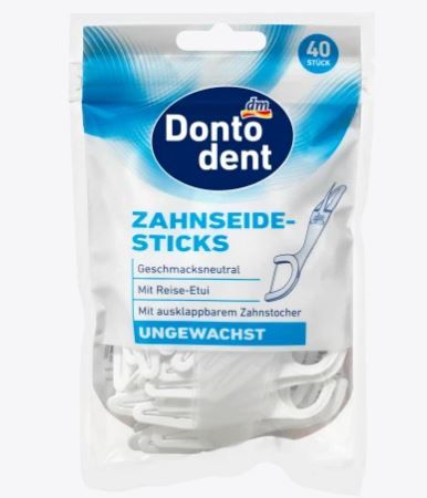 Зубочистки с зубной нитью без воска Dontodent Zahnseidesticks Ungewachst Mit Reise Etui 40шт. 4058172881534