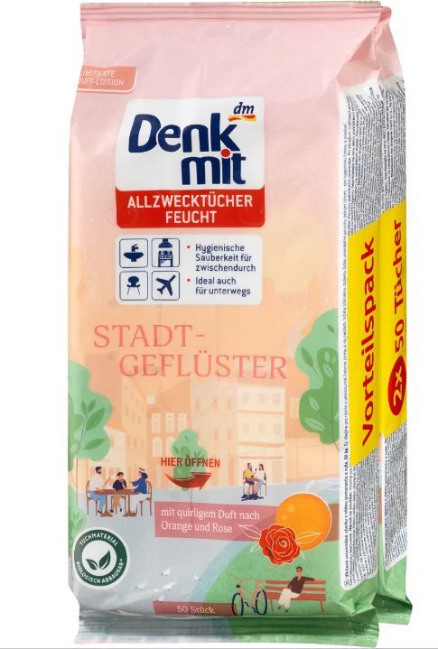 Универсальные влажные салфетки Denkmit Allzwecktucher Feuchte Stadtgefluster 2*50шт. 4066447313567