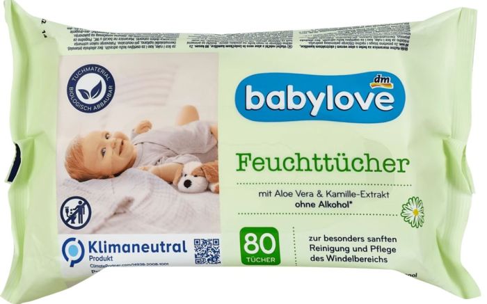 Салфетки для детей влажные Babylove mit Aloe Vera с алоэ и ромашкой 80шт. 4066447238747