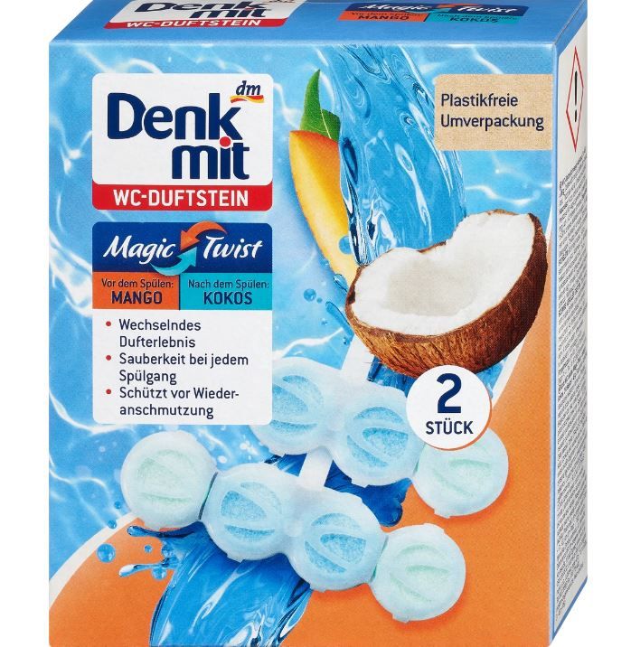 Ароматизатор для туалета в унитаз Denkmit Magic Twist Манго-Кокос 2шт Германия 4066447584660