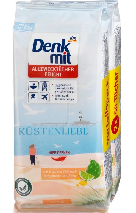 Универсальные влажные салфетки Denkmit Allzwecktucher Kustenliebe 2*50шт. 4066447313567