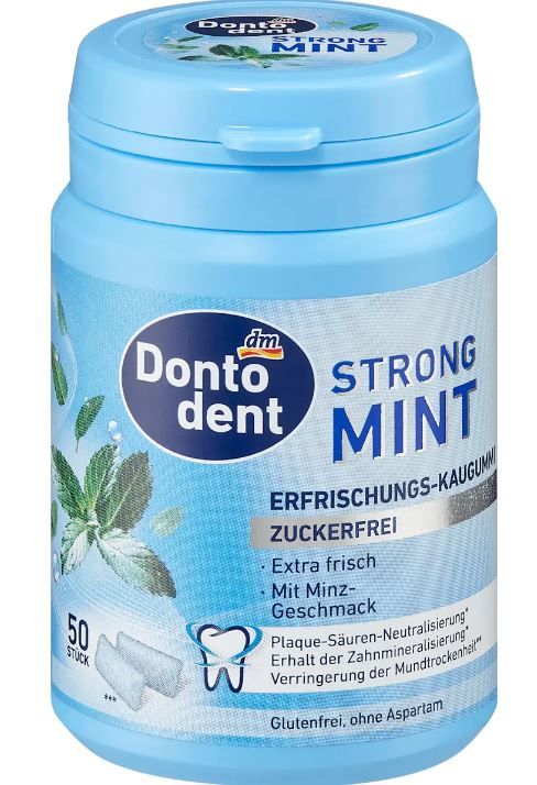 Жувальна гумка Dontodent Strong Mint без цукру м'ята 50шт. Німеччина 4067796064728