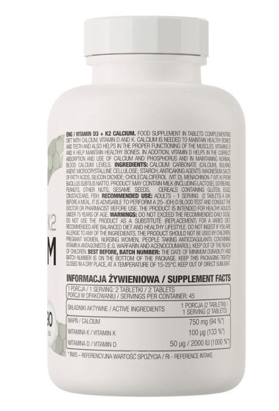 Витаминный комплекс OstroVit D3 + K2 + Кальций 90 таблеток 5902232618624