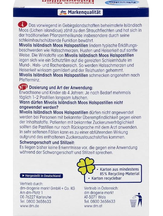 Леденцы для горла с исландским мхом Mivolis Islandisch Moos Halspastillen 40шт 4058172694912