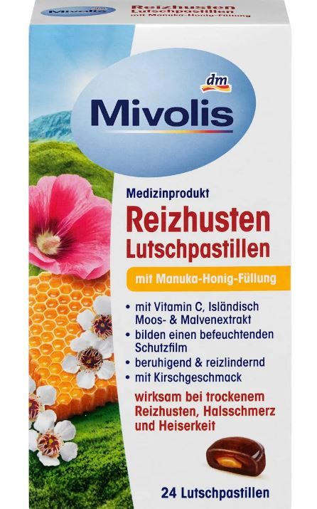 Льодяники для горла ісландський мох і мед Mivolis Reizhusten-Pastillen Manuka 24шт 4066447656824