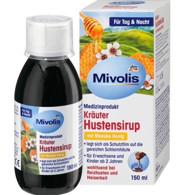 Сироп от кашля на травах с медом Mivolis Krauter Hustensirup mit Manuka Honig 150мл 4066447518610