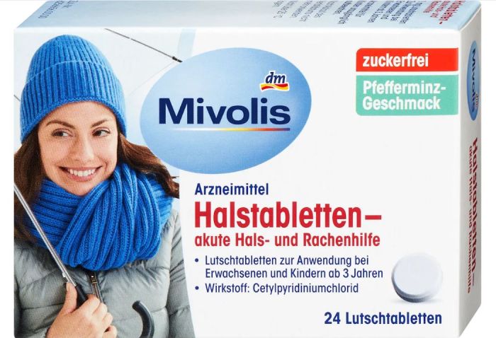 Таблетки от боли в горле и глотке Mivolis Halstabletten – akute Hals- und Rachenhilfe 24таб. 4058172695384