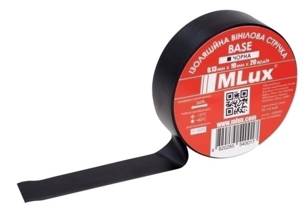 Изоляционная лента высококачественная MLux BASE поливинилхлорид 19ммх20 ярдов черная 152000001